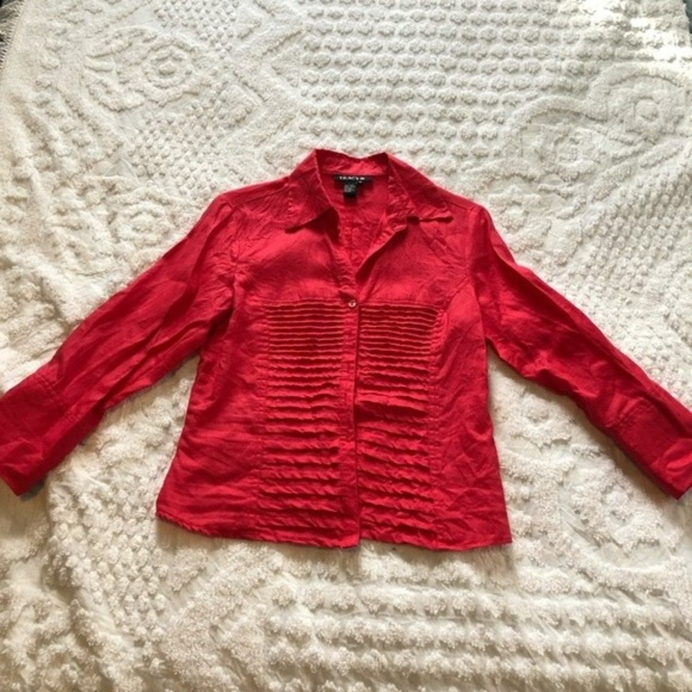 Tracy M 100% linen fuschia pink horizontal pleated front blouse size medium